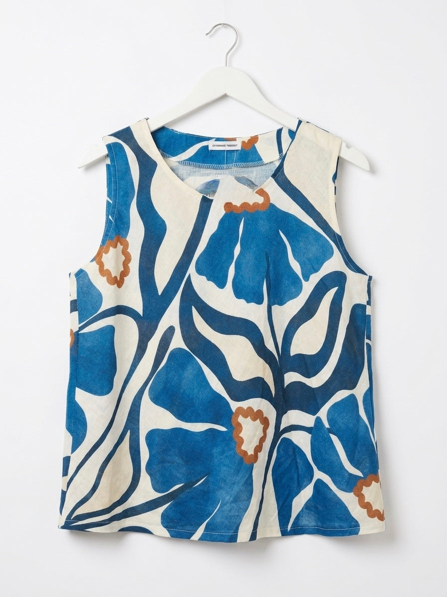 PRINTED ITALIAN LINEN TOP- COBALT FLORAL