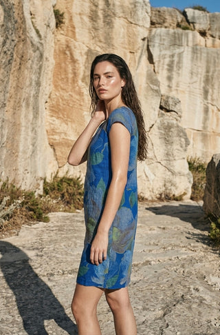 Floral Print Linen Blend Tunic - Royal Blue