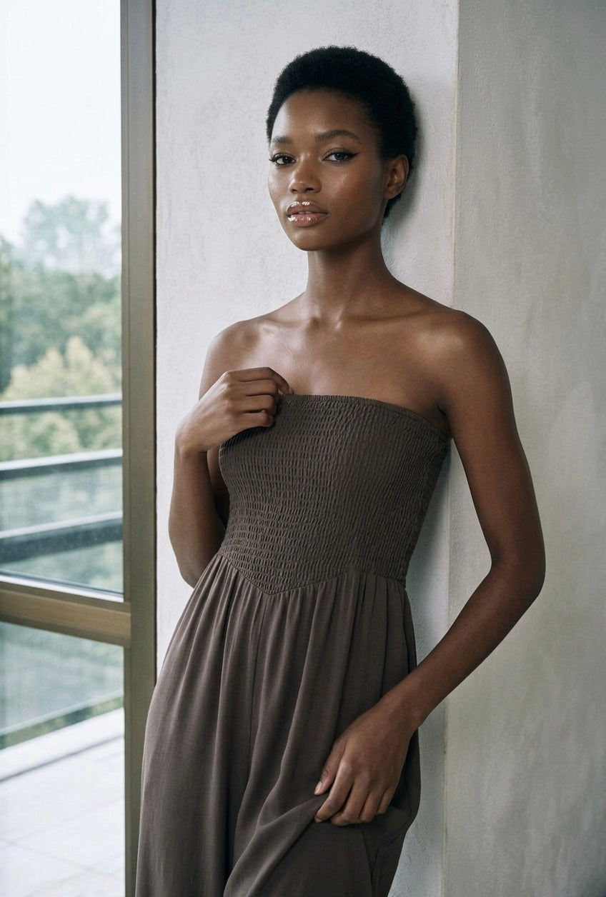 Espresso Smocked Strapless Jumpsuit