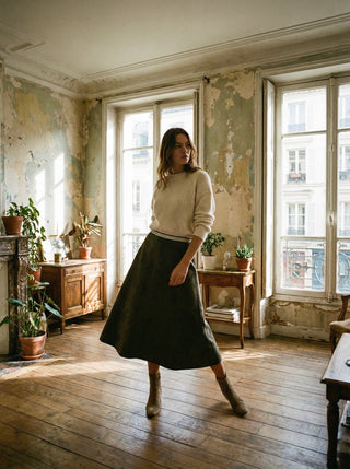 The Cognac Shimmer Waist Midi Skirt- Sage Green