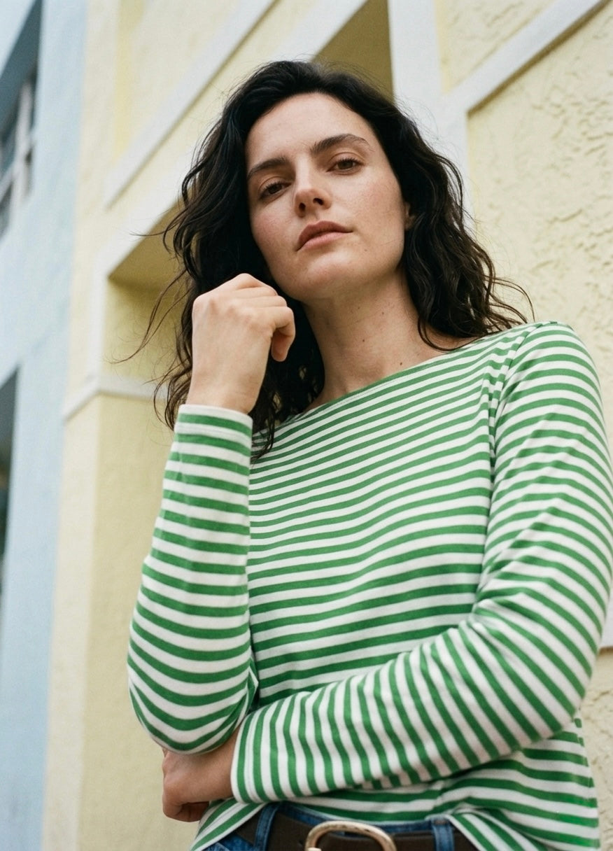 Striped Boatneck Long Sleeve Slim Fit - Green