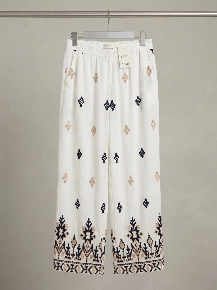 Bohemian Oasis Embroidered Linen-Blend Trousers