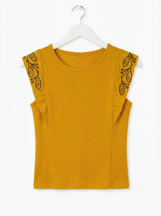 Embroidered Ruffle-Sleeve Ribbed Top- Mustard