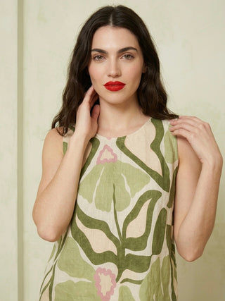 PRINTED ITALIAN LINEN TOP- MOSS GREEN FLORAL