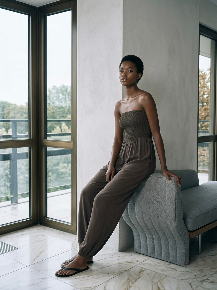 Espresso Smocked Strapless Jumpsuit