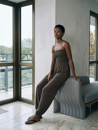 Espresso Smocked Strapless Jumpsuit