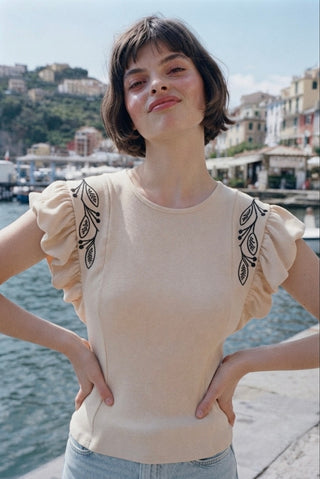 Embroidered Ruffle-Sleeve Ribbed Top- Beige