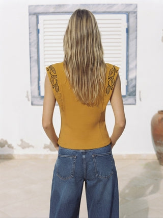 Embroidered Ruffle-Sleeve Ribbed Top- Mustard