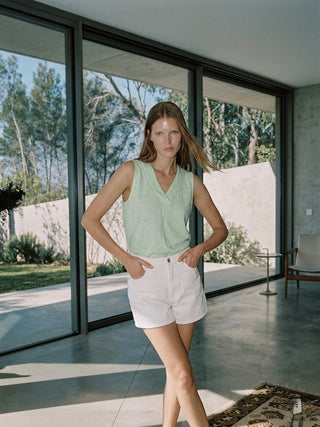 Italian Linen V-Neck Shell- Seafoam Mist