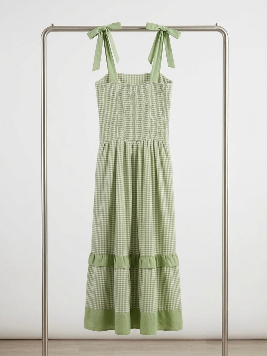 Sage Gingham Tie-Strap Midi Dress
