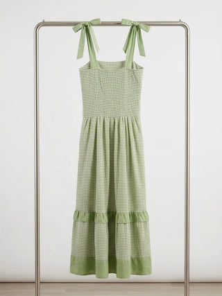 Sage Gingham Tie-Strap Midi Dress