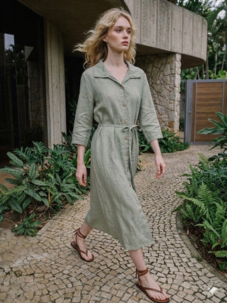 LINEN MIDI SHIRT DRESS-MUTED SAGE GREEN