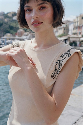 Embroidered Ruffle-Sleeve Ribbed Top- Beige