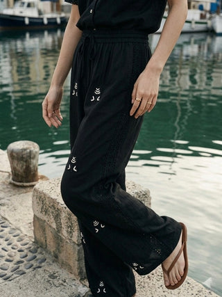 Midnight Floral White Embroidery Wide-Leg Pants