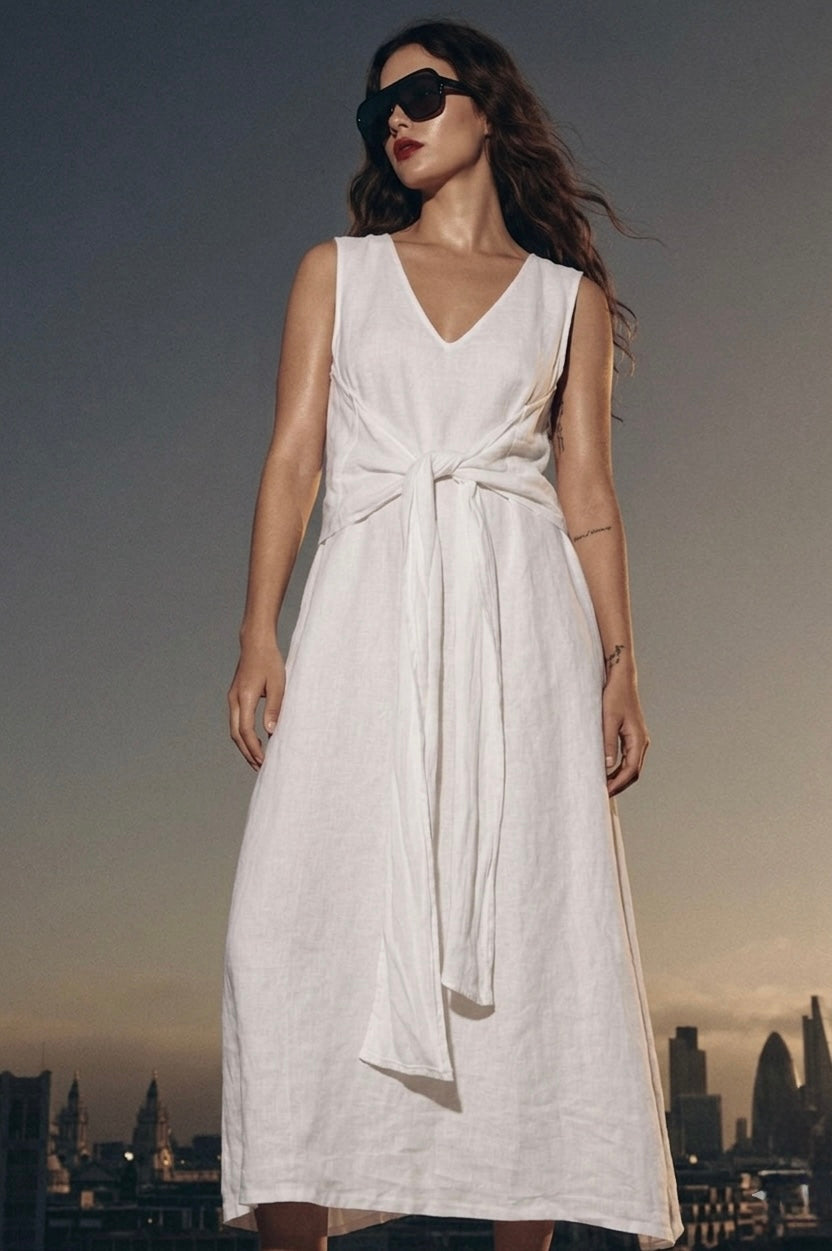 Isla Tie-Front Linen Maxi Dress- Antique White