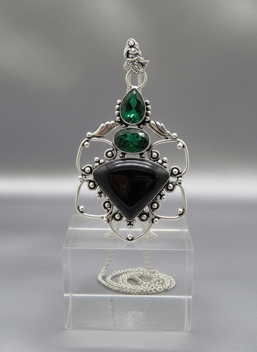 Emerald & Onyx Empress Sterling Silver Pendant
