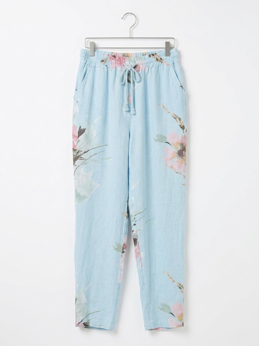 FLORAL PRINT ITALIAN LINEN PANTS- LIGHT BLUE