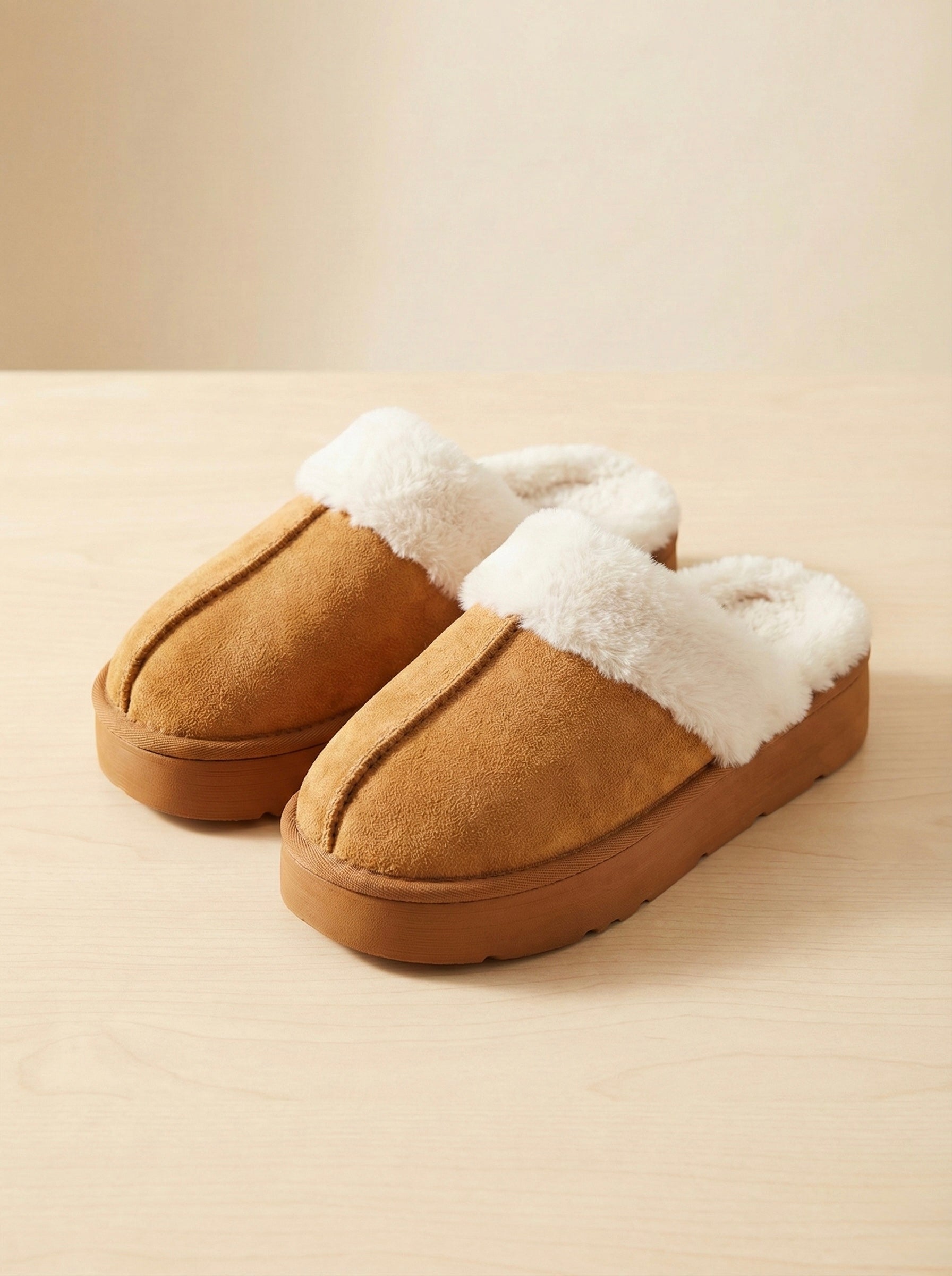 The Cabin Cozy Sherpa Platform Slipper- tan