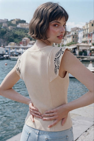 Embroidered Ruffle-Sleeve Ribbed Top- Beige