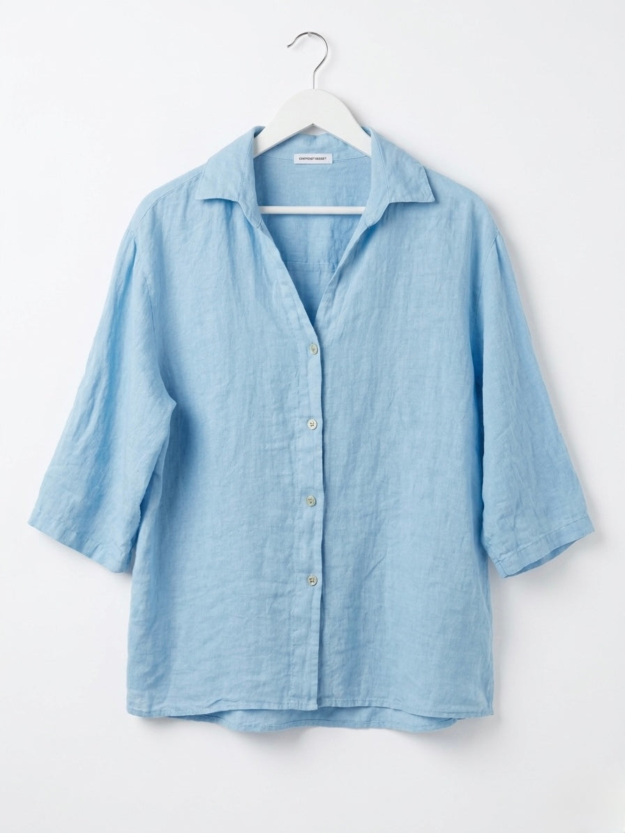 Oversized Button Down Linen Shirt- Dusty Azure