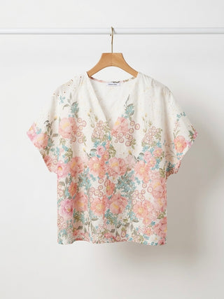 Floral Broderie Anglaise Top- White-Pink-Sage