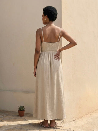 COTTON SEERSUCKER MAXI DRESS- BEIGE
