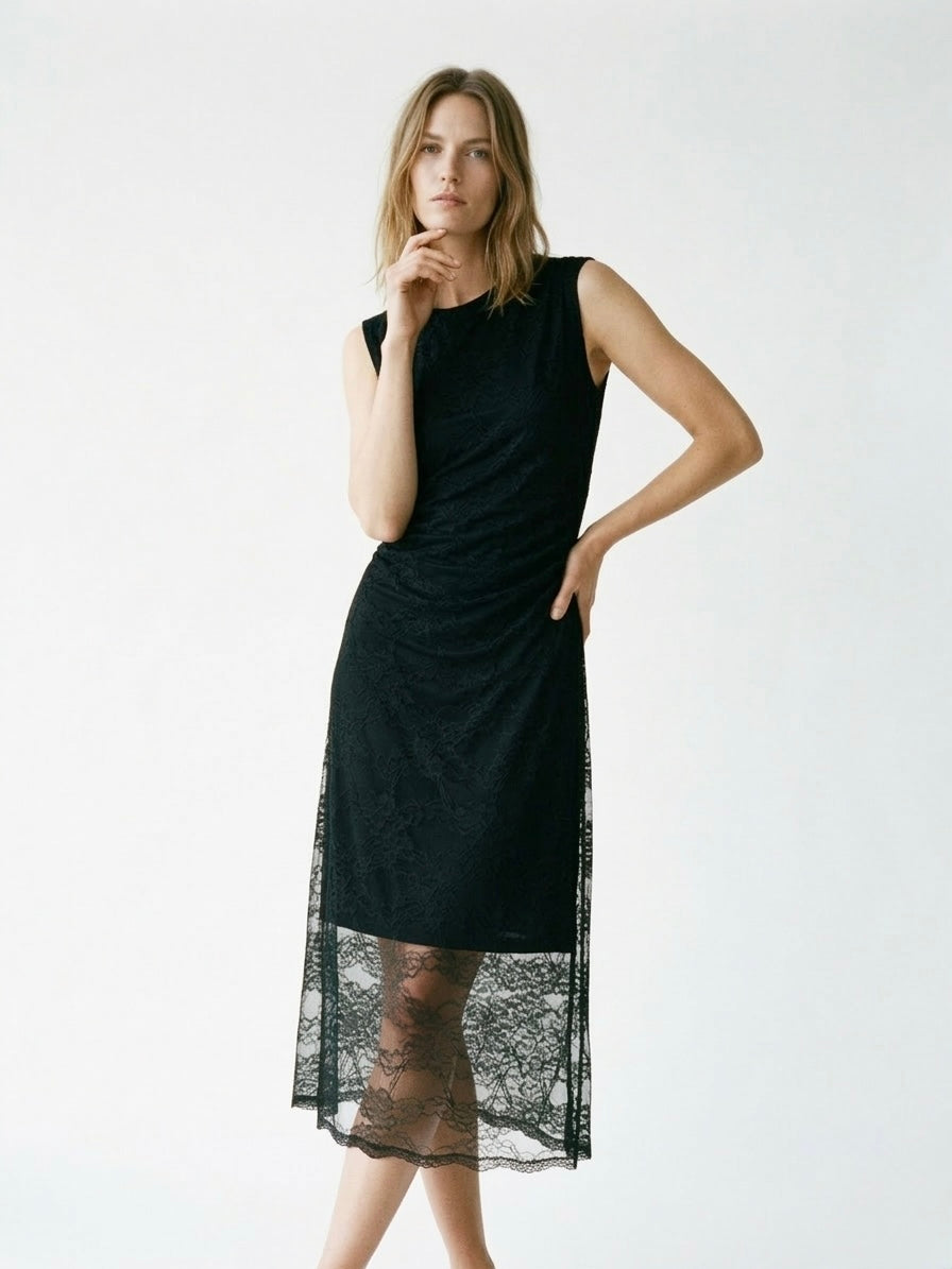 Italian Lace Overlay Ruched Midi Dress Black