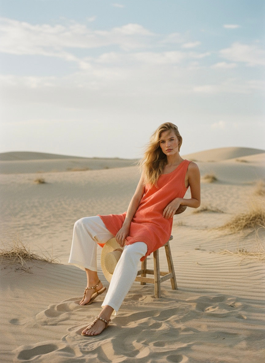 Sunset Coral Linen Tunic Dress