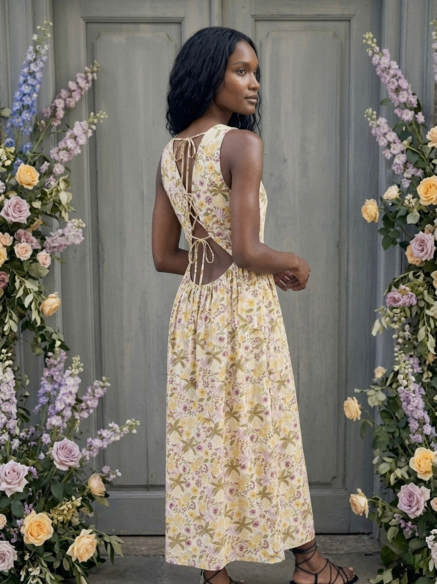 Garden Lace-Back Linen Maxi Dress