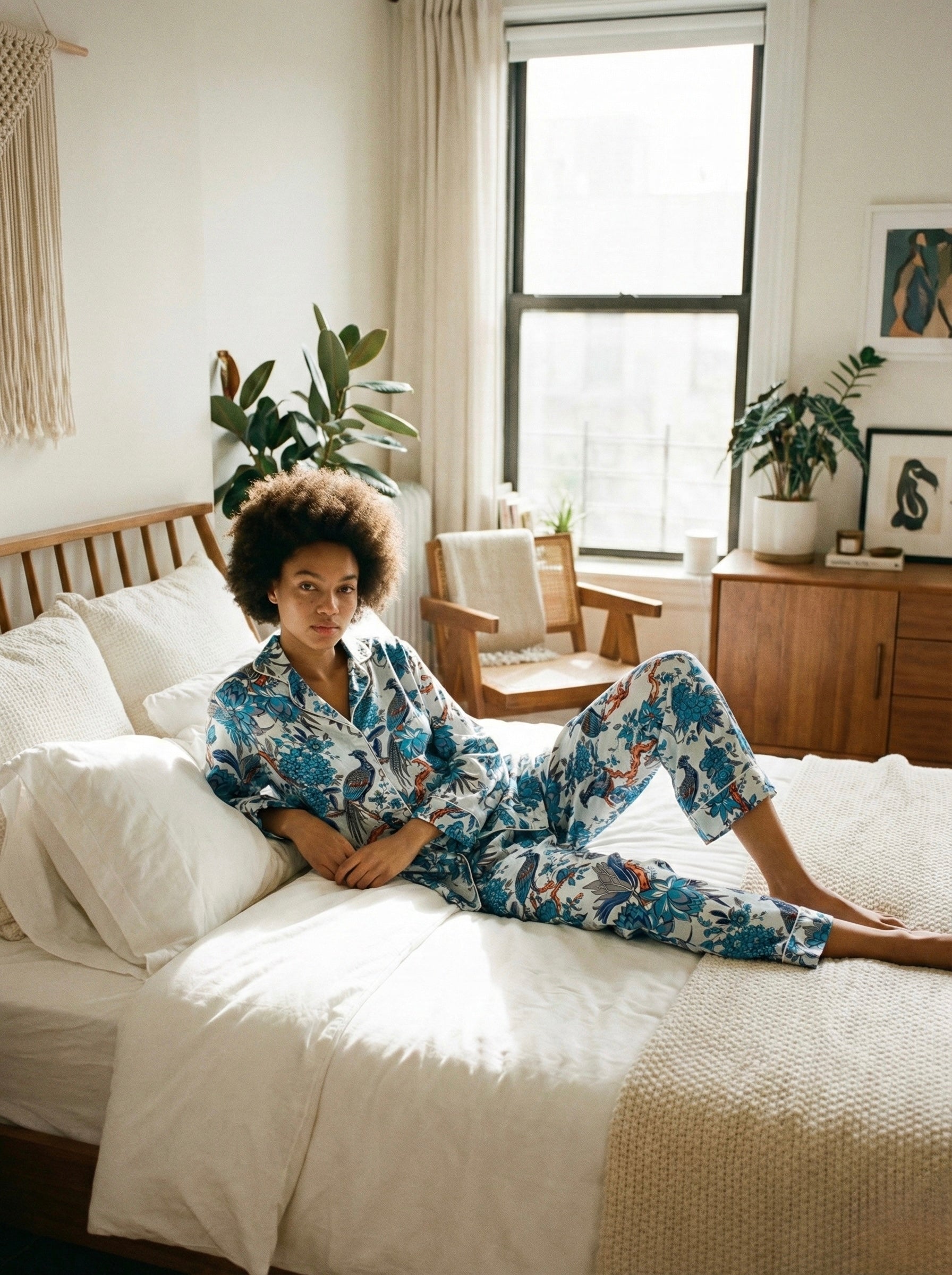The Azure Peacock & Botanical Cotton Pajama Set