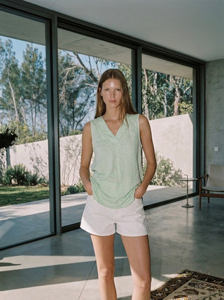 Italian Linen V-Neck Shell- Seafoam Mist