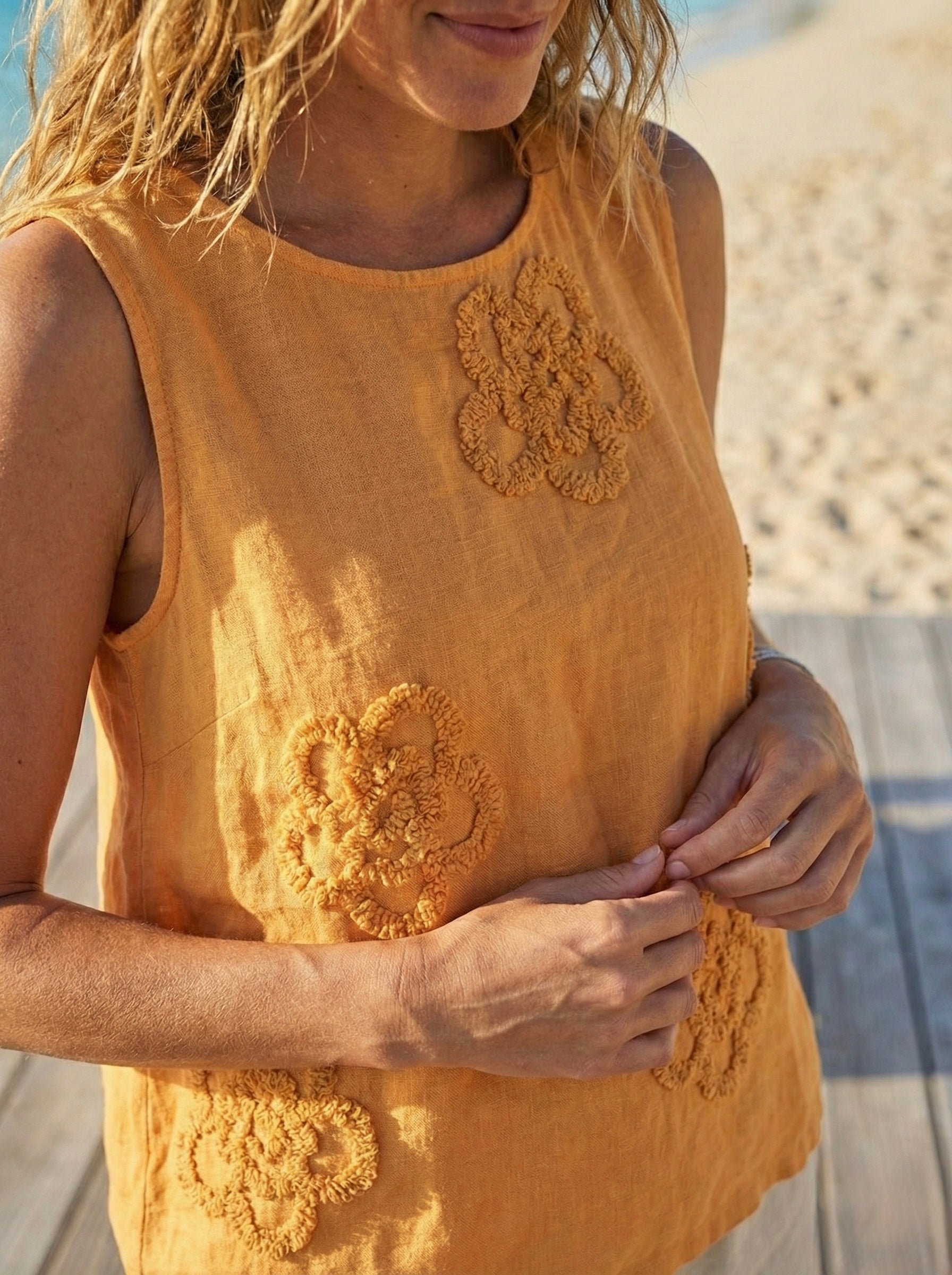 Apricot Textured Floral Linen Top