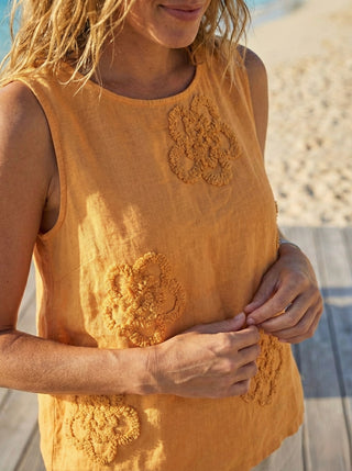 Apricot Textured Floral Linen Top