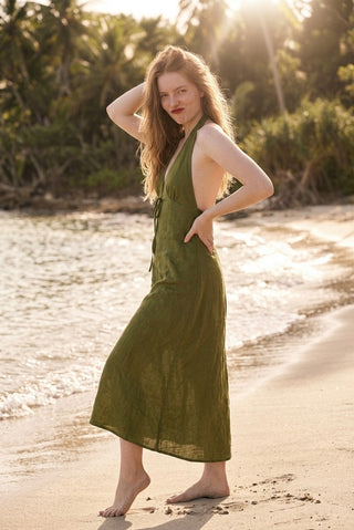 ITALIAN LINEN HALTER MAXI DRESS- GREEN