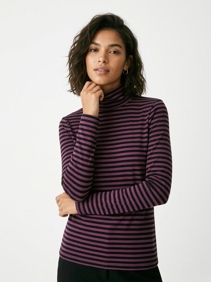 Midnight Plum & Black Striped Mock-Neck Turtleneck