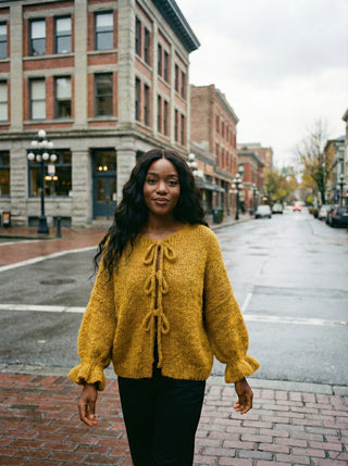 The Coquette Tie-Front Cardigan-  Mustard Yellow