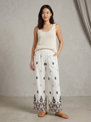 Bohemian Oasis Embroidered Linen-Blend Trousers