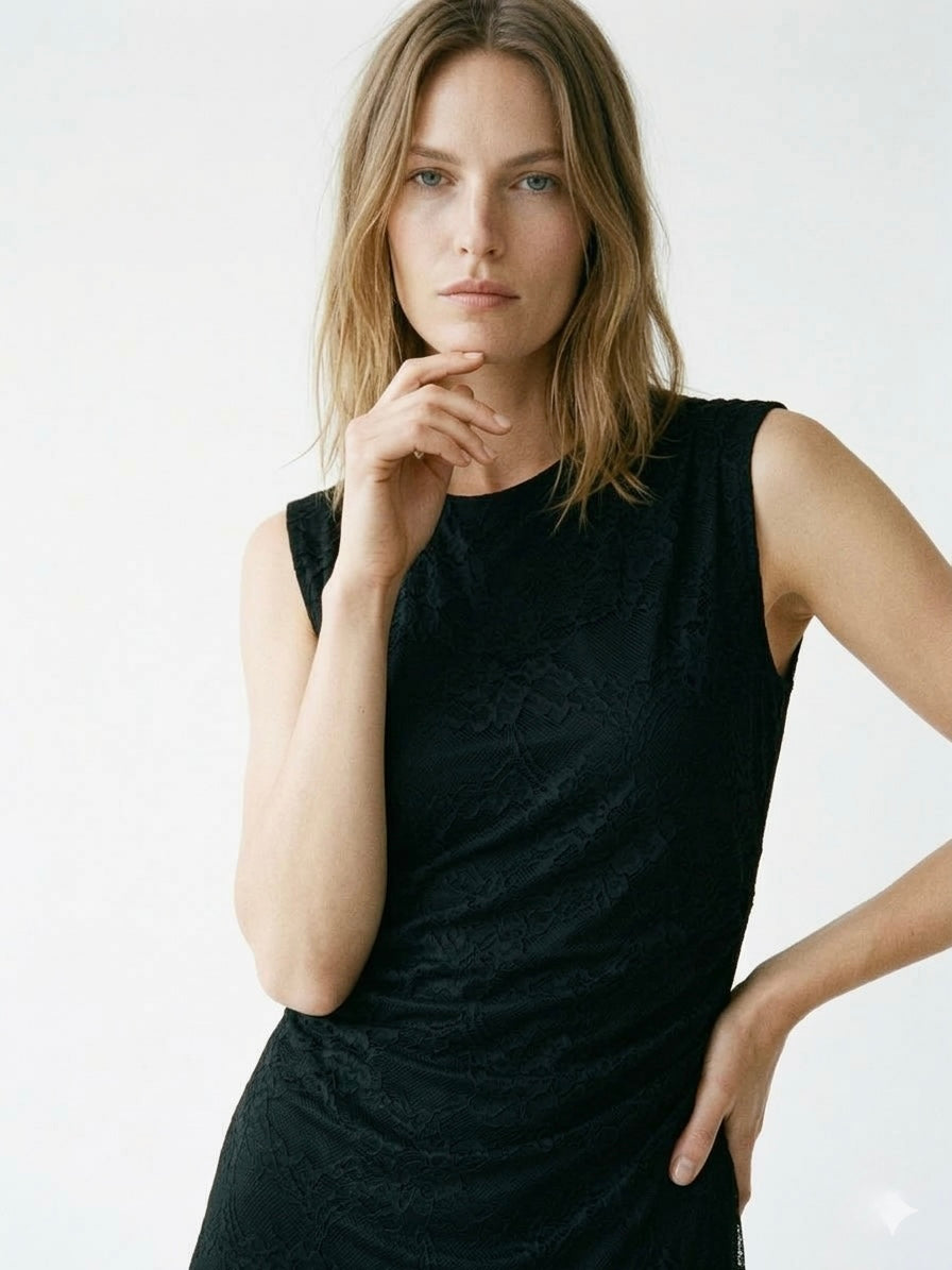 Italian Lace Overlay Ruched Midi Dress Black