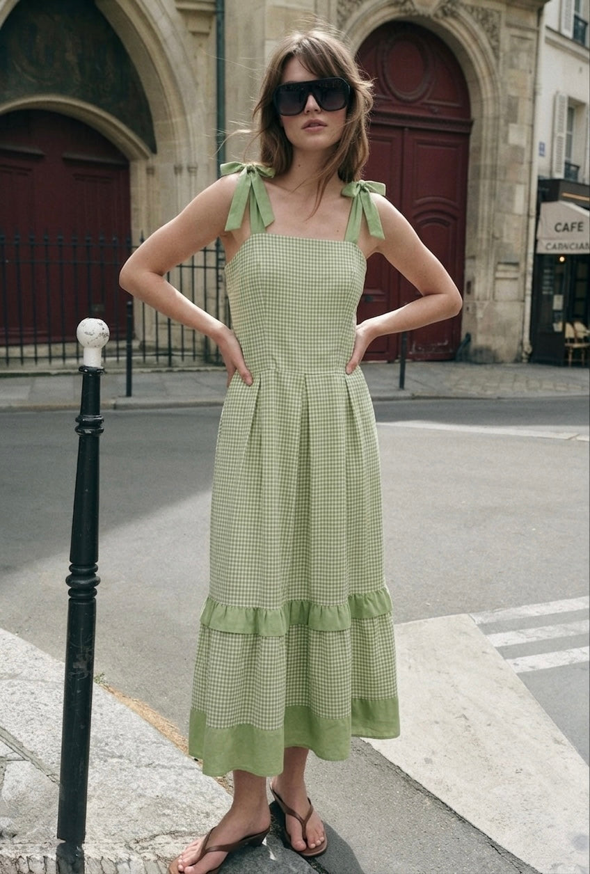 Sage Gingham Tie-Strap Midi Dress