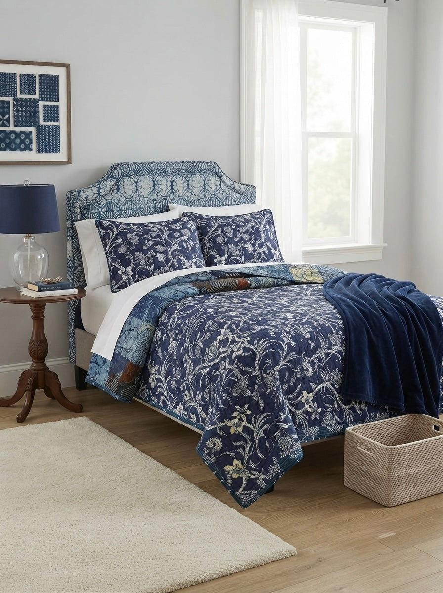 Indigo Bloom Reversible Patchwork Twin Size Quilt