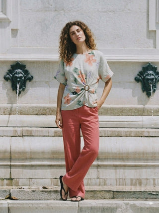 PRINTED LINEN BLOUSE WITH BUCKLE DETAIL- OATMEAL