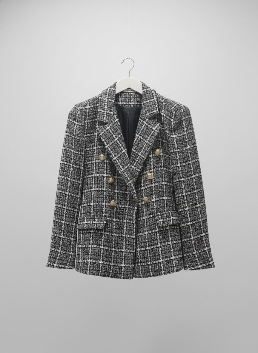 The "Milano" Textured Tweed Double-Breasted Blazer- Black
