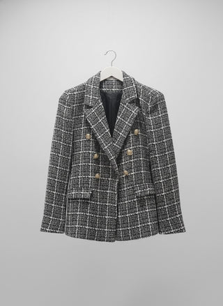 The "Milano" Textured Tweed Double-Breasted Blazer- Black