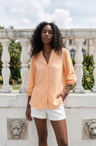 Aria Linen-Blend Balloon Sleeve Blouse