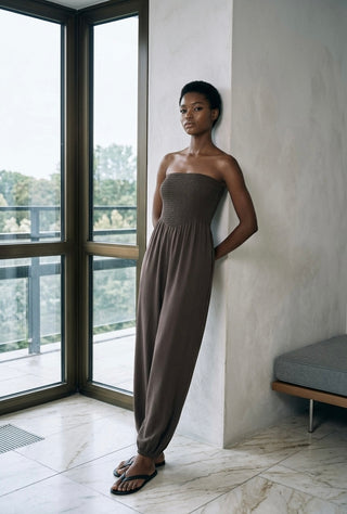 Espresso Smocked Strapless Jumpsuit