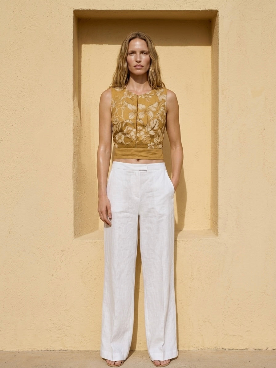 Sunburst Floral-Print Tie-Back Linen Top- Mustard