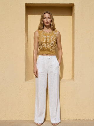 Sunburst Floral-Print Tie-Back Linen Top- Mustard