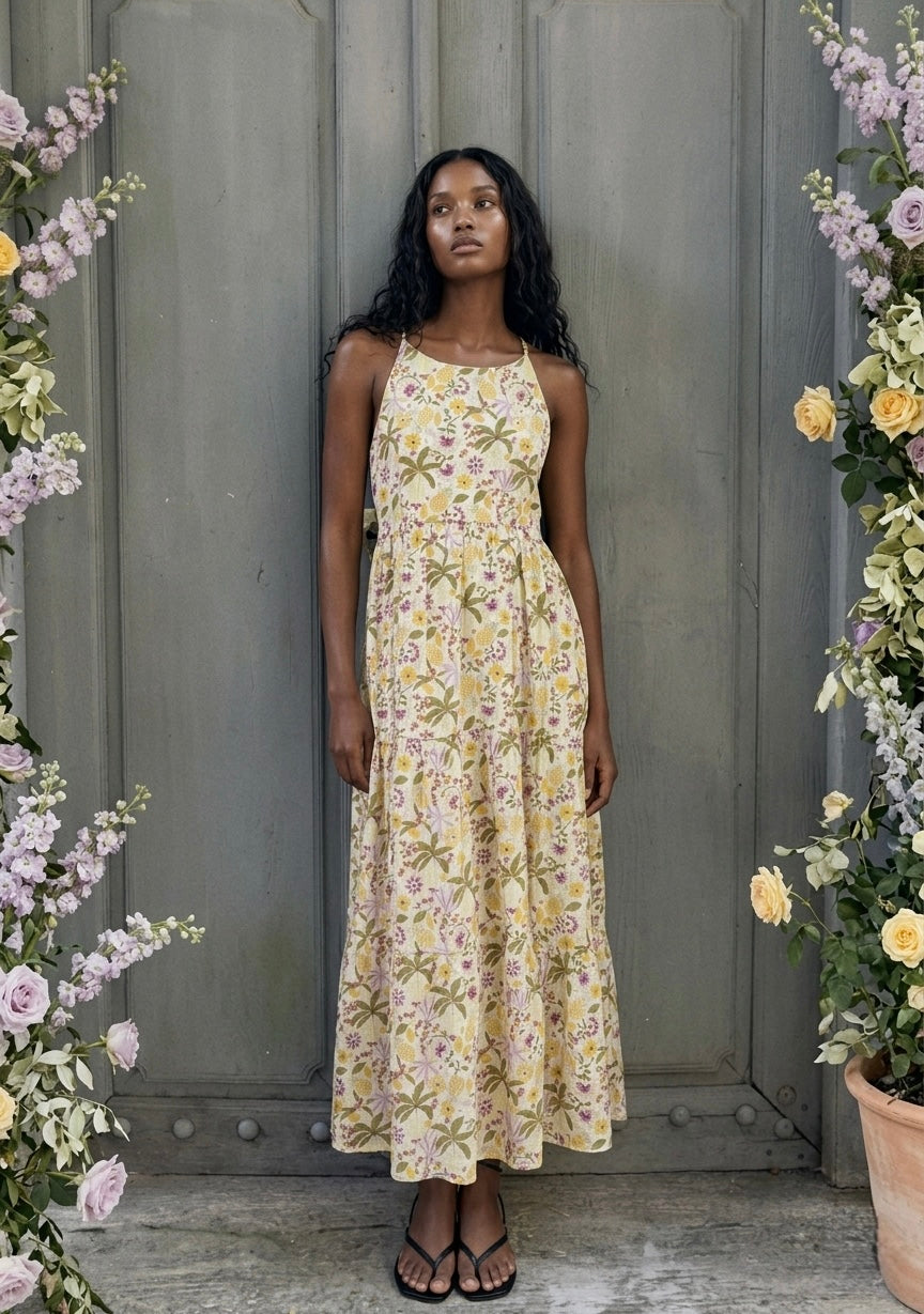 Garden Lace-Back Linen Maxi Dress