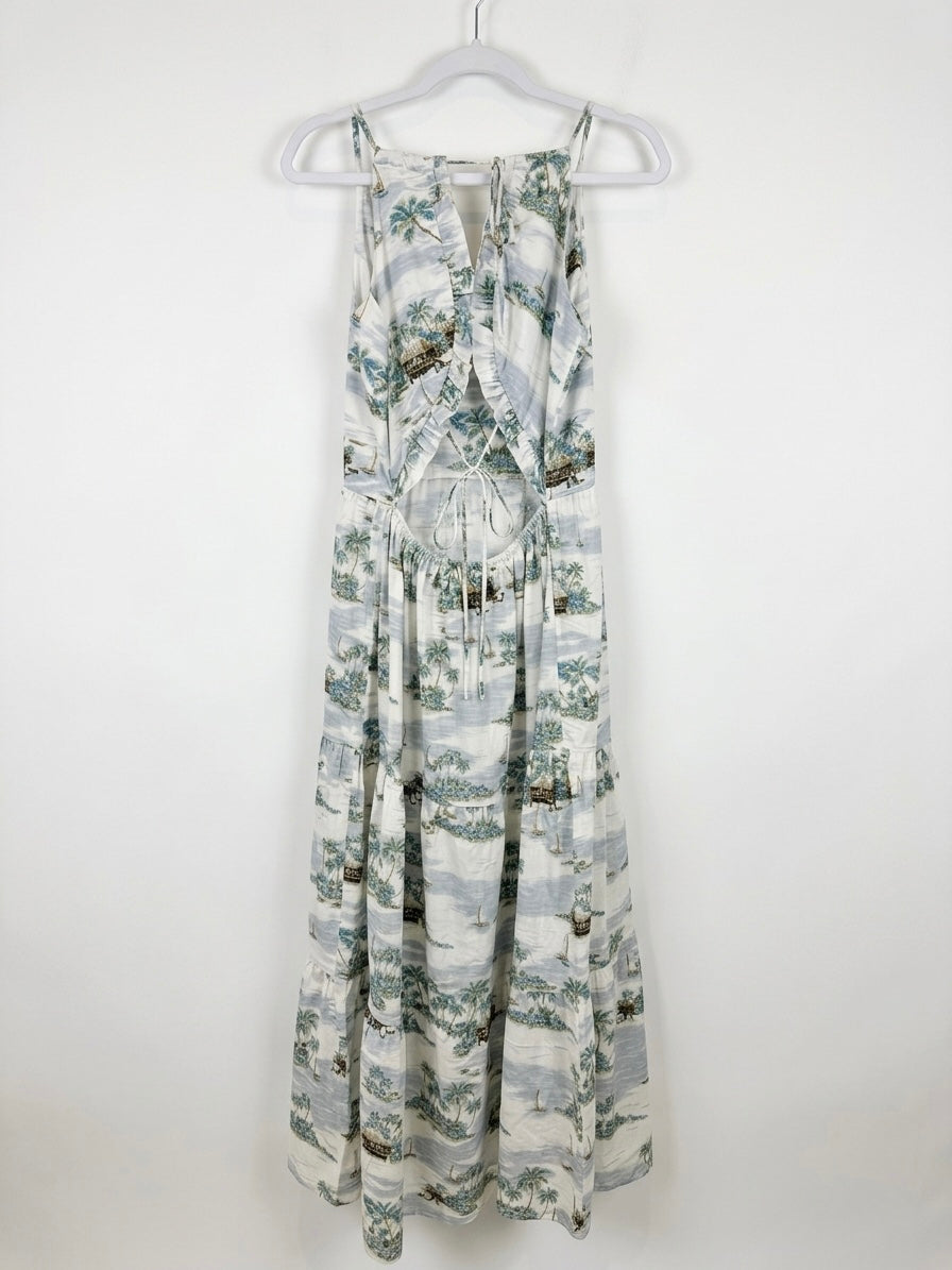 Isla Toile Open-Back Maxi in Driftwood Blue