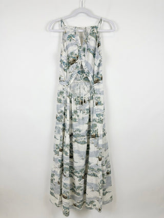 Isla Toile Open-Back Maxi in Driftwood Blue